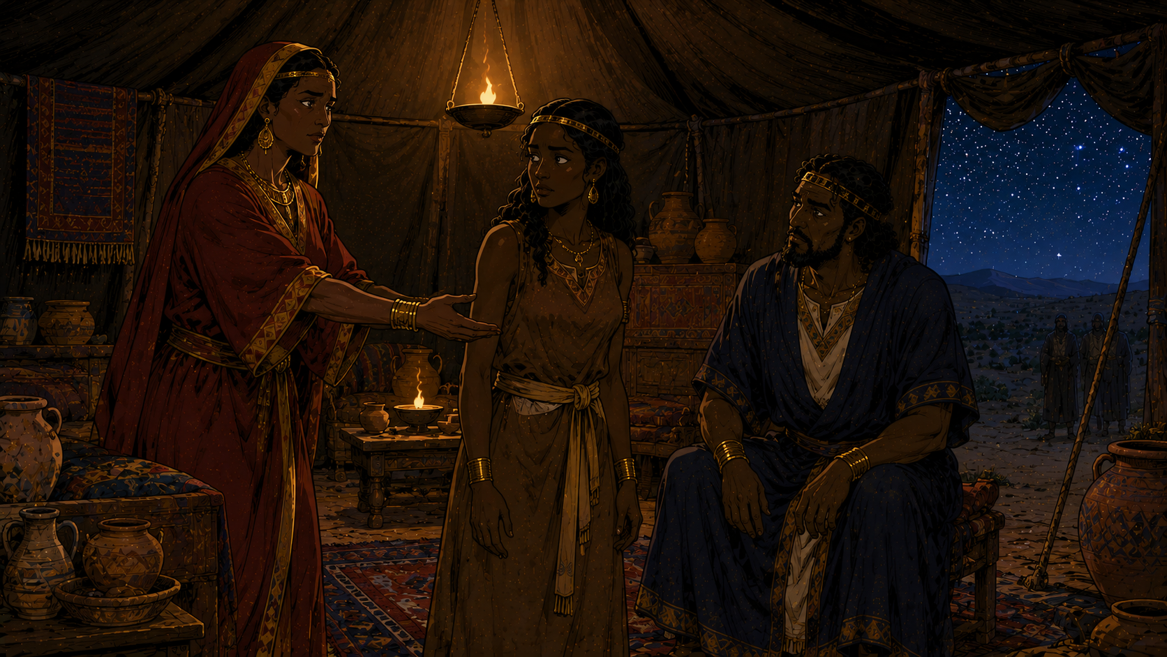Illustrated scene: Sarai gives Hagar to Abram — Genesis 16:1–4